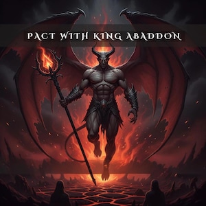 May include: A digital illustration featuring a muscular, horned demon with large red wings, holding a staff topped with a glowing orange flame. The text PACT WITH KING ABADDON is centred at the top. The scene is set against a fiery, dark background.