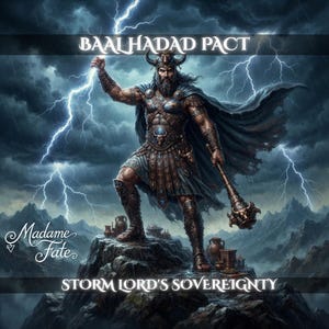 Puede incluir: Un guerrero con armadura de cuernos sobre un pico rocoso sostiene una maza y un rayo bajo un cielo tormentoso. El texto dice BAALHADAD PACT, Madame Fate y STORM LORD'S SOVEREIGNTY. La figura lleva una capa oscura y equipo de metal ornamentado.