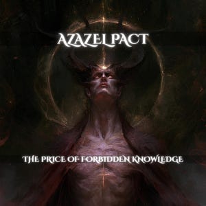 May include: A dark digital illustration featuring a horned figure with pale skin and glowing eyes, centred beneath a circular halo. The text AZAZEL PACT appears at the top, and THE PRICE OF FORBIDDEN KNOWLEDGE is printed in white at the bottom.