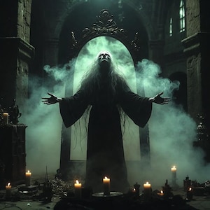 Könnte beinhalten: Eine dunkle, gotische Szene mit einer Figur in einem langen schwarzen Gewand mit ausgestreckten Armen. Die Figur steht vor einem großen, verzierten Spiegel, umgeben von grünem Nebel und brennenden Kerzen, was eine unheimliche Atmosphäre erzeugt.