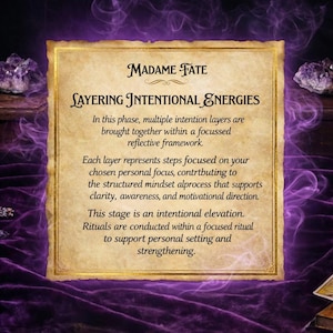 May include: A parchment-style card with the text "MADAME FATE" and "LAYERING INTENTIONAL ENERGIES." The text describes a process of layering intentions for clarity and awareness. The background is a dark purple with amethyst crystals.