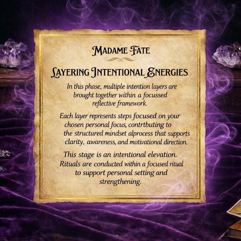 May include: A parchment-style card with the text "MADAME FATE" and "LAYERING INTENTIONAL ENERGIES." The text describes a process of layering intentions for clarity and awareness. The background is a dark purple with amethyst crystals.