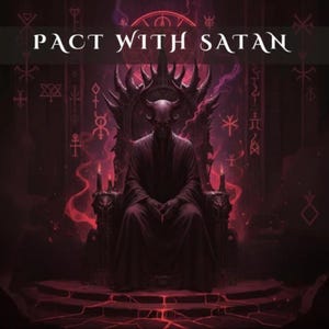 May include: A dark, monochromatic red illustration featuring a horned figure seated on a throne. The text PACT WITH SATAN is displayed at the top. The background is filled with glowing occult symbols, swirling smoke, and a cracked, glowing floor.