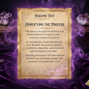 May include: A card with the text "MADAME FATE" and "AMPLIFYING THE PROCESS". The card has a gold border and aged paper appearance. The background is a dark purple with amethyst crystals and a mystical aura.