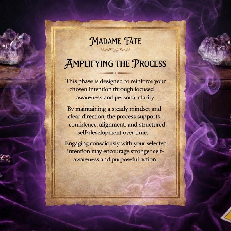 May include: A card with the text "MADAME FATE" and "AMPLIFYING THE PROCESS". The card has a gold border and aged paper appearance. The background is a dark purple with amethyst crystals and a mystical aura.