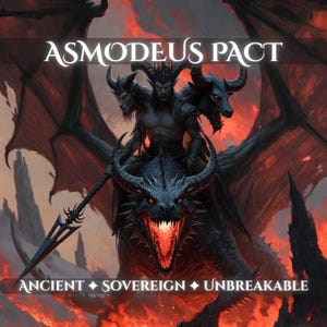Può includere: Illustrazione digitale raffigurante una figura demoniaca con più teste che cavalca un drago su un paesaggio infuocato. Il testo "ASMODEUS PACT" è in alto, con "ANCIENT", "SOVEREIGN" e "UNBREAKABLE" in basso.