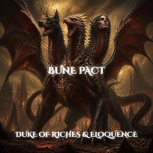 May include: A three-headed creature with a Doberman head, a dragon head, and a human head, featuring large wings and a scaly body. The text BUNE PACT and DUKE OF RICHES & ELOQUENCE is centred over a dark, fiery landscape with jagged rock formations.