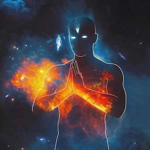 May include: A digital illustration of a humanoid silhouette outlined in white against a deep space background. The figure has glowing white eyes and hands pressed together in a prayer position, filled with vibrant orange and red nebula clouds.