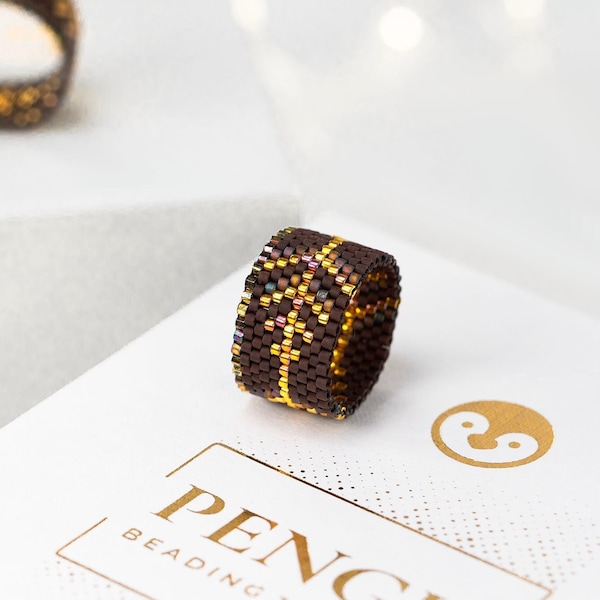 Beaded Espresso Ring as Seed Bead Ring Pattern - Peyote Ring Beading Pattern, Miyuki Delica Beads, PB-10177