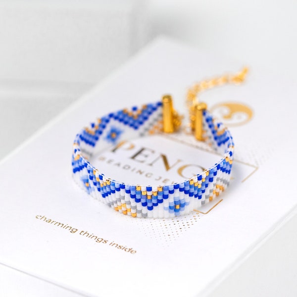 Blauwe loom-armband met kralen - Miyuki Delica Beading Loom-patroon PB-10152, Carolina-collectie