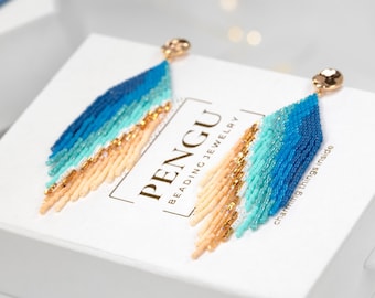 Beaded Sea Cost Seed Bead Fringe Earrings Pattern - Brick Stitch & Fringe Earrings Beading, Miyuki Delica 11/0, Marina Collection, PB-10162