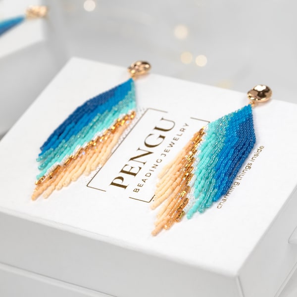 Beaded Sea Cost Seed Bead Fringe Earrings Pattern - Brick Stitch & Fringe Earrings Beading, Miyuki Delica 11/0, Marina Collection, PB-10162