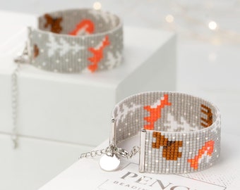 Patrón PDF de pulsera de cuentas con animales del bosque invernal para tejer en telar de Miyuki Delica - Bosque otoñal - PB-10343