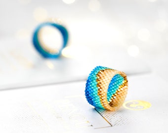 Beaded Sea Cost Ring as Seed Bead Ring Pattern - Peyote Ring Beading Pattern, Miyuki Delica Beads, PB-10157 - Marina