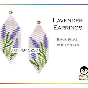 May include: A digital PDF pattern for Lavender Earrings. The earrings are diamond-shaped and feature a lavender flower design in shades of purple and green. The text "Lavender Earrings" and "Brick Stitch PDF Pattern" are displayed.