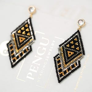 PDF Pattern Geometric Black Gold Seed Bead Brick Stitch Earrings, Miyuki Delica 11/0, CAMELLIA Collection, PB-10365