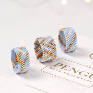 Beaded Blue 3 Rings as Seed Bead Ring Pattern - Peyote Ring Beading Pattern, Miyuki Delica Beads, PB-10355 - Melani Collection