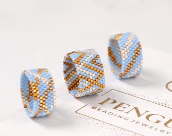 Blauer 3 Ringe als Perlenring Muster - Peyote Ring Perlenmuster, Miyuki Delica Perlen, PB-10355 - Melani Collection