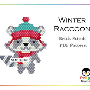 May include: A brick stitch beading pattern for a winter raccoon wearing a red and white hat and scarf. The pattern is available as a PDF download. Art. №: PB-10001. Pengu Beading.
