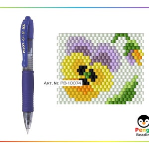 Beaded Pansy Flower Even Count Peyote Pen Wrap for Pilot G2 XS - Miyuki Delica Beading Pattern PB-10074