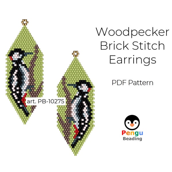 Beaded Woodpecker Bird Earrings - Miyuki Brick Stitch Beading Pattern PB-10275