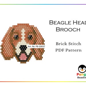 Op de afbeelding: Beagle-kop broche, baksteensteek, PDF-patroon. Art. Nr.: PB-10037. Pengu Beading.