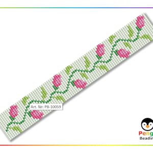 Patrón de pulsera de telar de flores de rosas rosadas con cuentas - Patrón de cuentas Miyuki Delica PB-10059