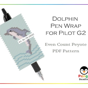Könnte beinhalten: Ein Perlen-Stift-Wickel-Muster mit einem Delfin, der in blauem Wasser schwimmt. Das Muster ist für einen Pilot G2 Stift und wird mit gerader Peyote-Stich ausgeführt. Das Muster ist als PDF-Download verfügbar. Art. No: PB-10042
