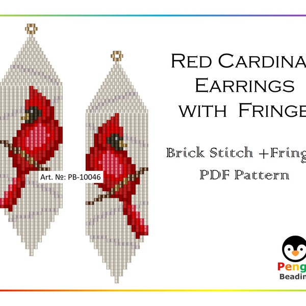 Beaded Red Cardinal Earrings with Fringe - Miyuki Brick Stitch Beading Pattern PB-10046