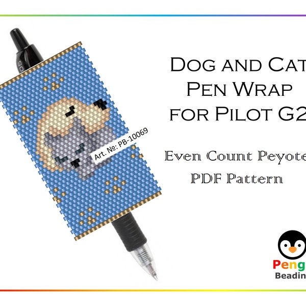 Beaded Cat and Dog Even Count Peyote Pen Wrap for Pilot G2 - Miyuki Beading Pattern PB-10069