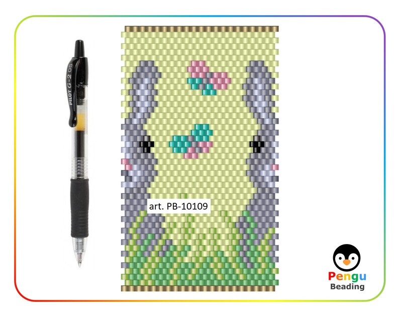 Puede incluir: Un patr&oacute;n de abalorios para un conejito colorido con flores y hierba. El patr&oacute;n est&aacute; etiquetado como "art. PB-10109".