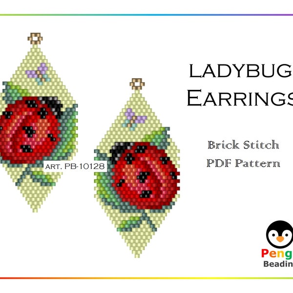 Beaded LADYBUG Earrings as Brick Stitch Seed Bead Pattern - Brick Stitch Earrings Beading Patterns, Miyuki Delica Beads, PB-10128