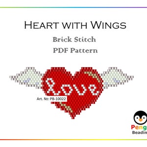 Corazón de amor con cuentas y alas Patrón de costura de ladrillo del Día de San Valentín - Patrón de cuentas de puntada de ladrillo Miyuki PB-10022