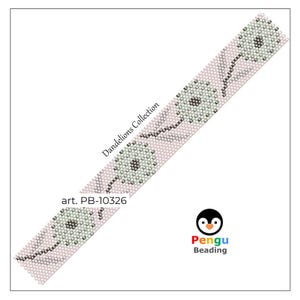Puede incluir: Un patrón de cuentas de dientes de león blancos y verdes sobre un fondo rosa. El patrón está etiquetado como "Dandelions Collection" y "art. PB-10326". La imagen también incluye un logotipo para "Pengu Beading".