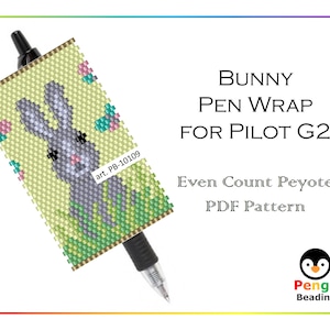 以下が含まれることがあります： 緑の草原にウサギがいるビーズのペンラップのパターンです。このパターンはパイロットG2用で、偶数カウントのペヨーテステッチで作られています。このパターンはPDFダウンロードで入手できます。 art. PB-10109