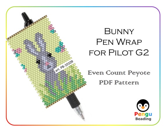 Beaded BUNNY Pen Wrap as Peyote Sead Bead Pattern - Peyote Pen Wrap Beading Patterns, Miyuki Delica Beads, PB-10109