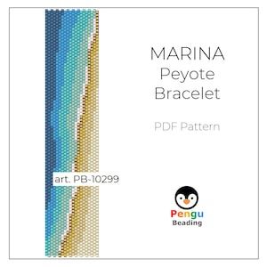 Peut inclure: Un modèle de bracelet en peyote coloré pour un bracelet en perles appelé "Marina". Le modèle est disponible en téléchargement PDF. Le modèle est conçu par Pengu Beading.