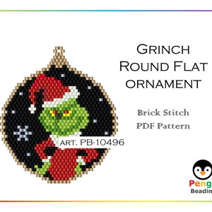 Beaded Grinch Round Flat Christmas Ornament Miyuki Brick Stitch Beading Pattern PB-10496
