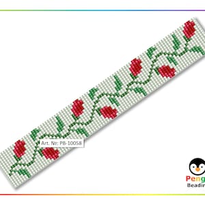 ビーズの赤いバラの花の織機ブレスレットのパターン - ミユキデリカビーズパターン PB-10058