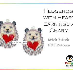May include: A PDF pattern for beading a pair of hedgehog earrings or a charm. The hedgehogs are gray and white with red hearts. The pattern is called "Hedgehog with Heart Earrings / Charm" and is a brick stitch pattern. The pattern is available from Pengu Beading.