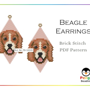 May include: A pair of pink and brown beaded earrings featuring a beagle dog design. The earrings are made using brick stitch and are available as a PDF pattern. The pattern is titled "BEAGLE EARRINGS" and is sold by "Pengu Beading".