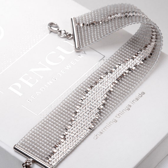 Beaded Silver Loom Bracelet - Miyuki Delica Beading Loom Pattern PB-10305 - STELLA Collection