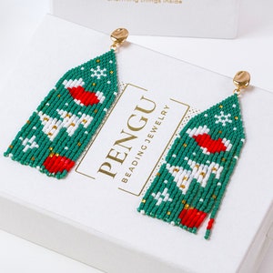 Beaded Christmas Earrings with Fringe - Miyuki Brick Stitch Beading Pattern PB-10236