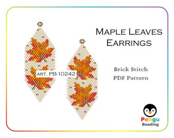 Beaded Fall Maple Leaves Earrings - Miyuki Brick Stitch Beading Pattern PB-10242