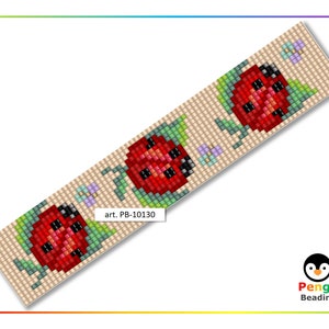 May include: A beading pattern featuring three red ladybugs with black spots on green leaves. The pattern is on a beige background with purple and blue flowers. The text "art. PB-10130" is in the lower left corner of the image.