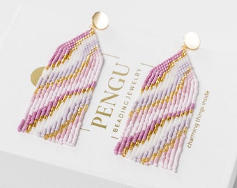 Beaded Pink Seed Bead Fringe Earrings Pattern - Brick Stitch & Fringe Earrings Beading, Miyuki Delica 11/0, PAULA Collection, PB-10205