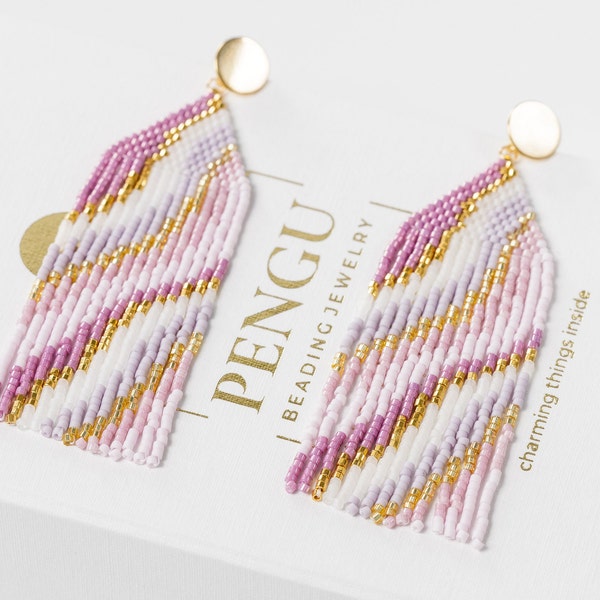 Beaded Pink Seed Bead Fringe Earrings Pattern - Brick Stitch & Fringe Earrings Beading, Miyuki Delica 11/0, PAULA Collection, PB-10205