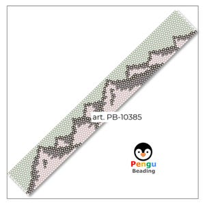 May include: A beaded strip with a mountain range design. The beadwork features a pattern of gray, pink, and white beads against a light green background. The text "art. PB-10385" is visible. The PENGU Beading logo is in the bottom right corner.