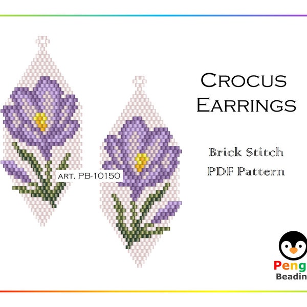 Beaded CROCUS Earrings as Brick Stitch Seed Bead Pattern - Brick Stitch Earrings Beading Patterns, Miyuki Delica Beads, PB-10150