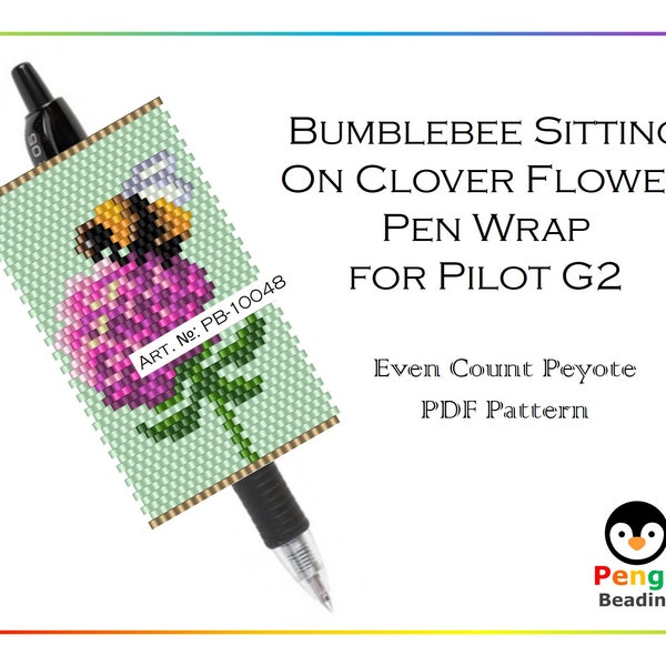 Beaded Bumblebee Sitting on Clover Flower Even Count Peyote Pen Wrap for Pilot G2 - Miyuki Delica Beading Pattern PB-10048